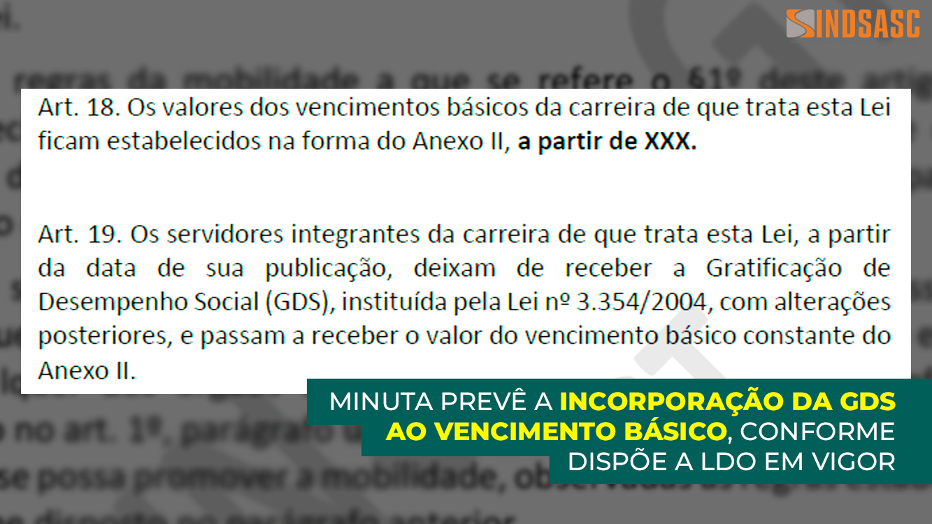 MINUTA PREVÊ A INCORPORAÇÃO DA GDS AO VENCIMENTO BÁSICO, CONFORME DISPÕE A LDO EM VIGOR