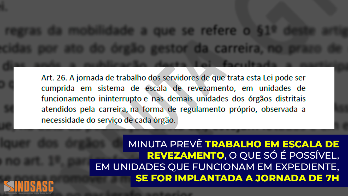 MINUTA PREVÊ TRABALHO EM ESCALA DE REVEZAMENTO, O QUE SÓ É POSSÍVEL, EM UNIDADES QUE FUNCIONAM EM EXPEDIENTE, SE FOR IMPLANTADA A JORNADA DE 7H