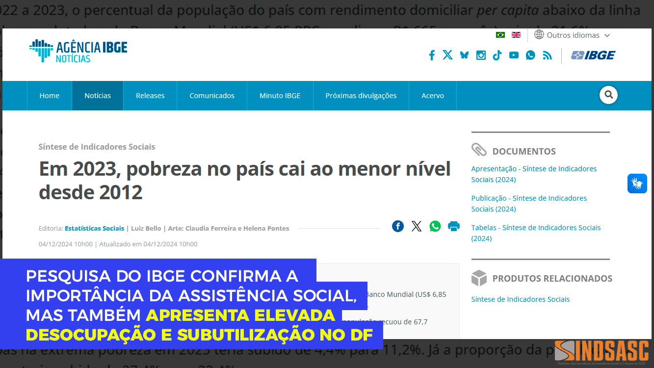 PESQUISA DO IBGE CONFIRMA A IMPORTÂNCIA DA ASSISTÊNCIA SOCIAL, MAS TAMBÉM APRESENTA ELEVADA DESOCUPAÇÃO E SUBUTILIZAÇÃO NO DF