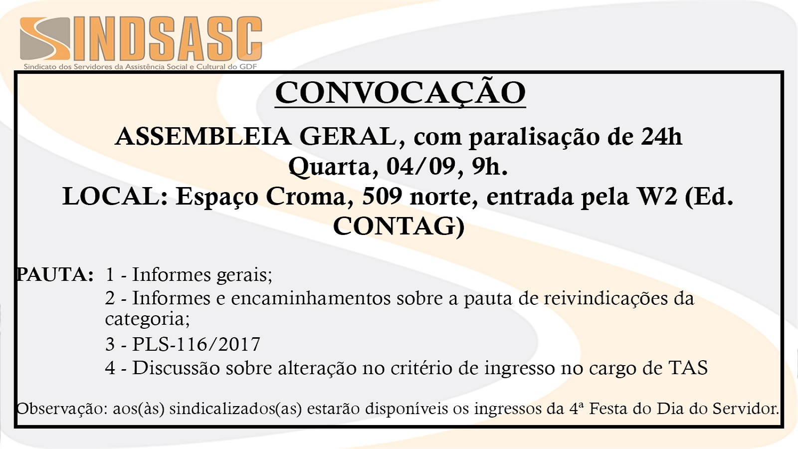 Sindsasc convoca assembleia geral 