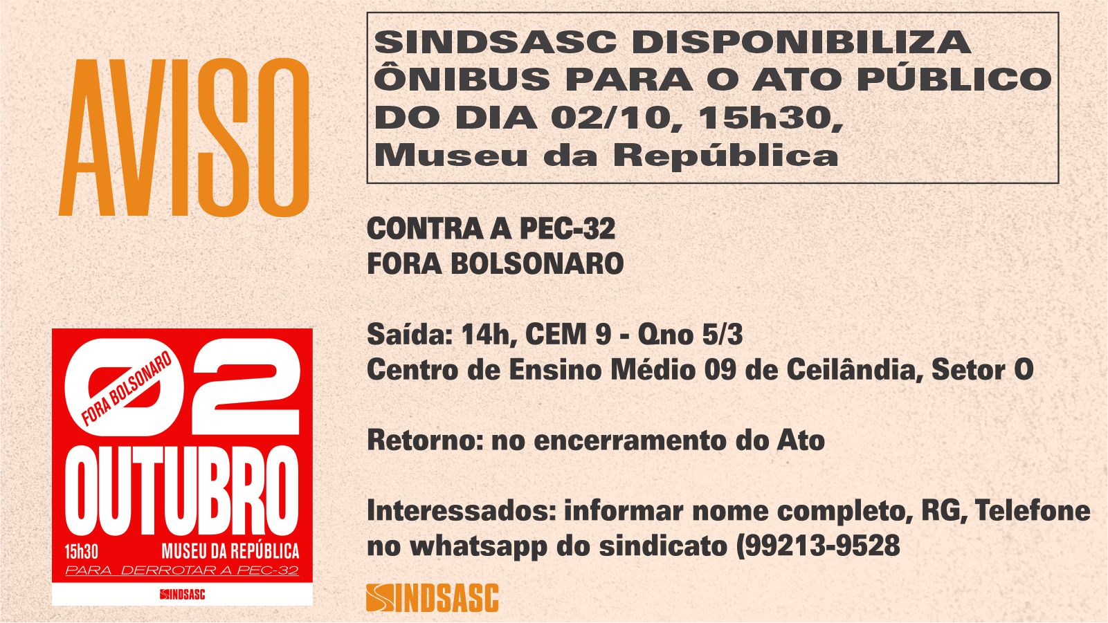 Sindsasc disponibiliza ônibus para ato público do dia 02/10, saindo de Ceilândia