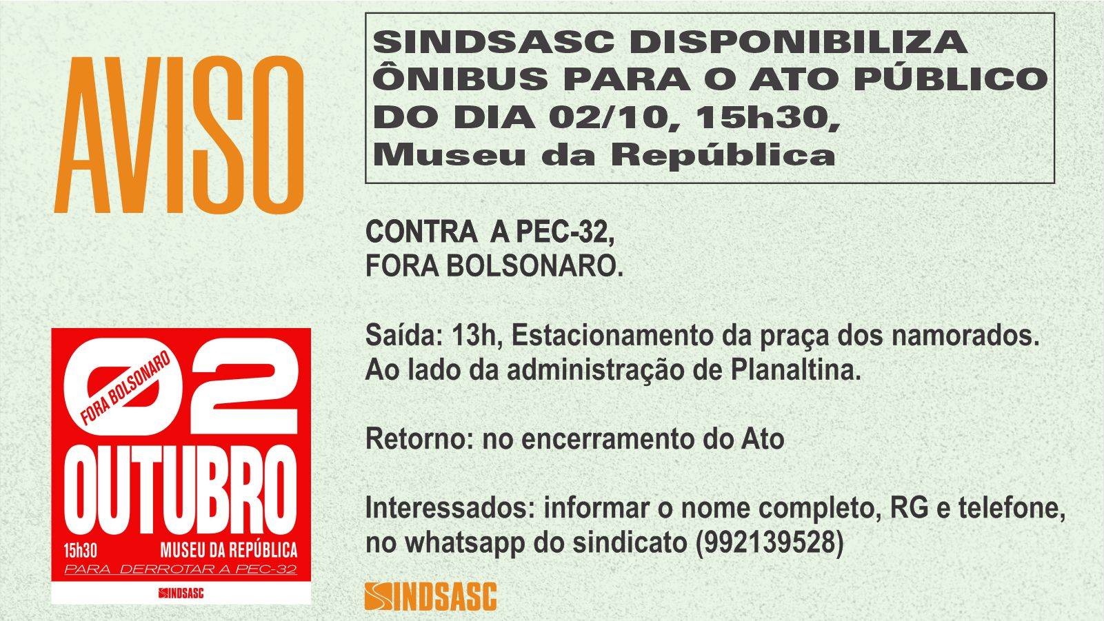 Sindsasc disponibiliza ônibus para ato público do dia 02/10, saindo de Planaltina