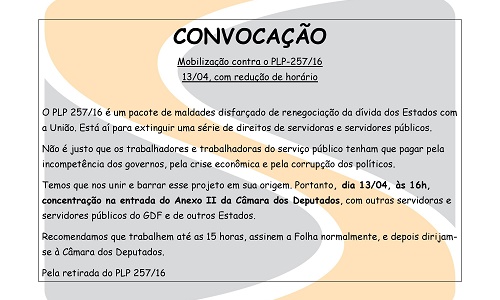 CONVOCAÇÃO - Mobilização contra o PLP 257/16 no dia 13/04